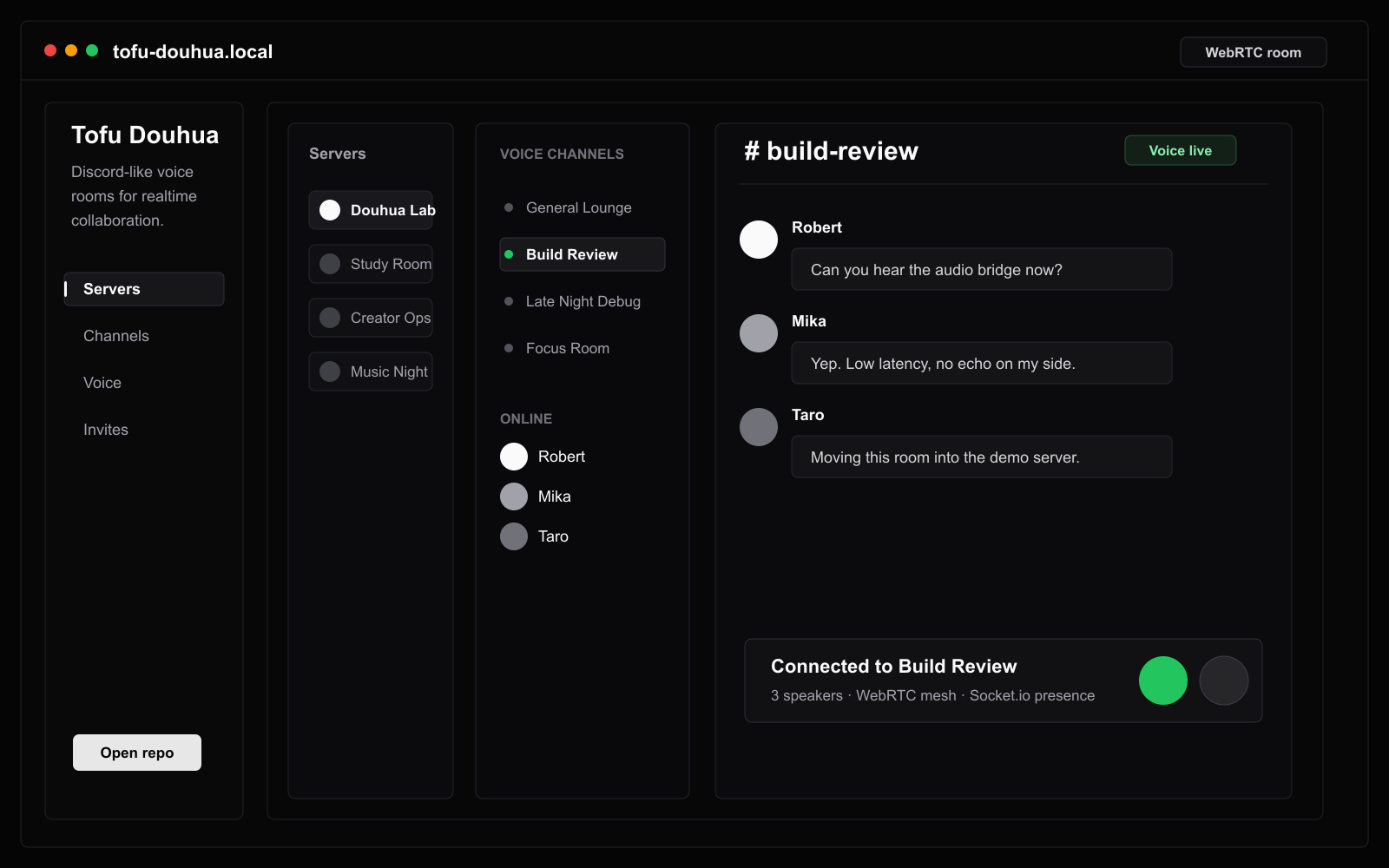 Tofu Douhua spotlight screenshot showing a dark voice chat workspace with channels, messages, and live presence.